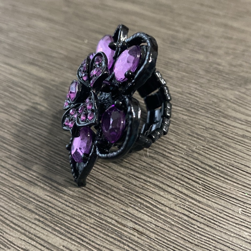 Purple Stones Black Flower Stretch Band Ring New - Picture 7 of 10